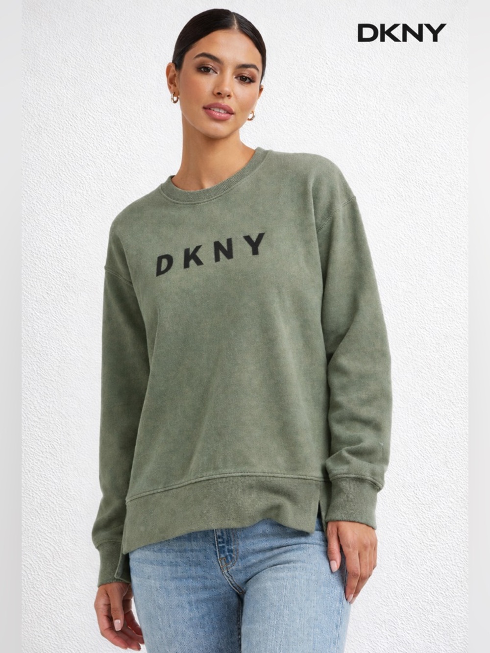 DKNY Sport Olive Green Logo Crewneck Sweatshirt Women’s Large Side Slit Hem - Picture 1 of 8